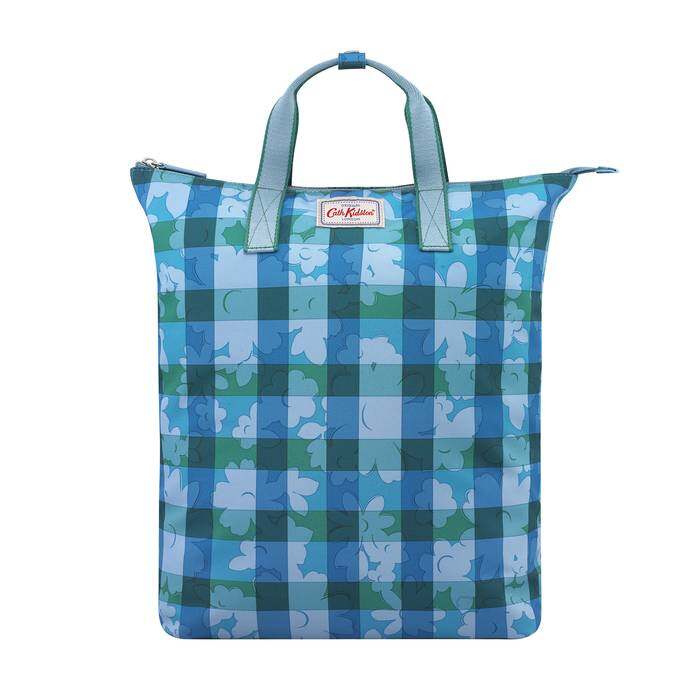 Zip-Top Backpack Flower Power Gingham Blue Grey