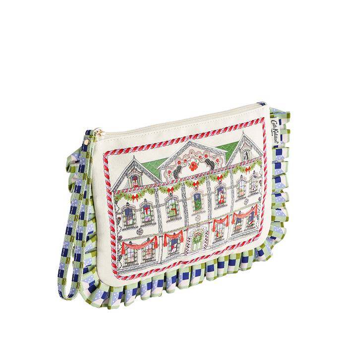 Female Wristlet Pouch Christmas House Cream