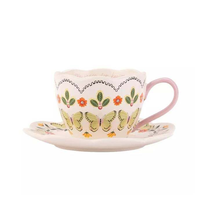 Set Tea Cup & Saucer Butterfly & Sentiment Gifting Multi-color