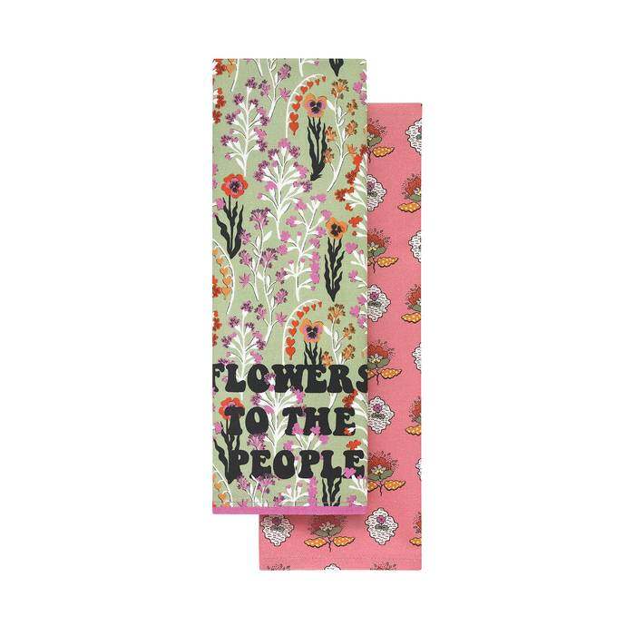 Set of 2 Tea Towels Paper Pansies Green