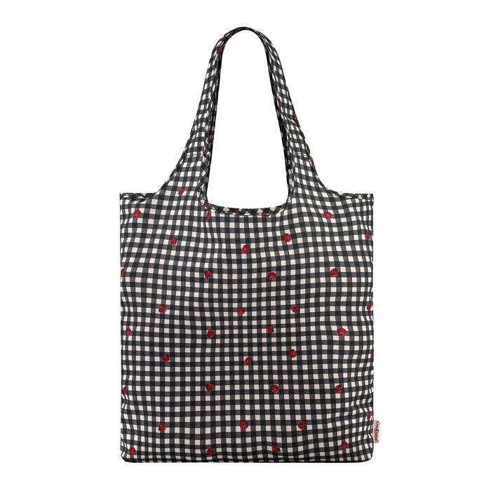 Foldaway Shopper Ladybug Gingham Stone Charcoal