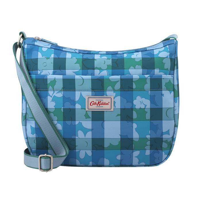 Medium Zip Messenger Flower Power Gingham Blue Grey