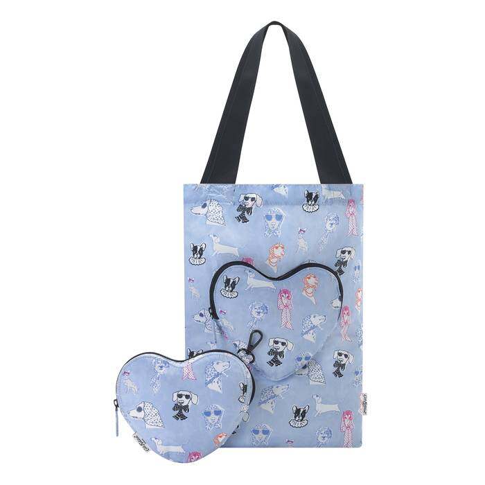 Foldaway Heart Tote Glamorous Dogs Blue 1