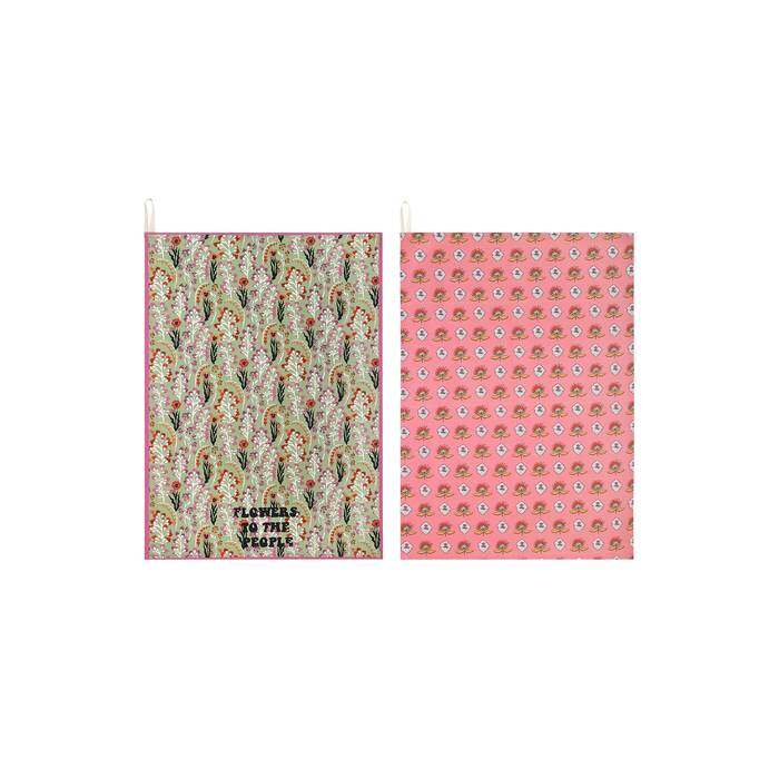 Set of 2 Tea Towels Paper Pansies Green 1
