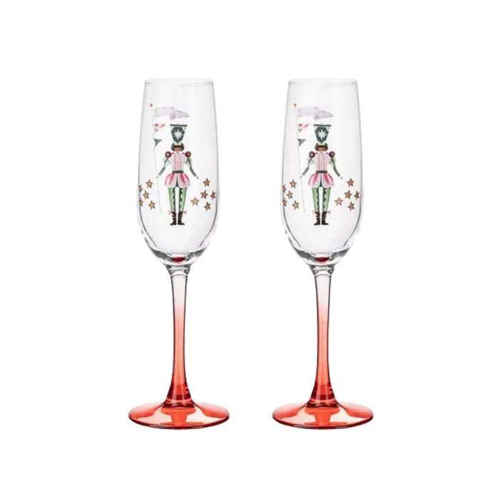 Multi-Color Set of 2 Champagne Flutes Nutcracker