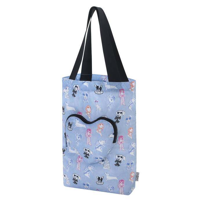 Foldaway Heart Tote Glamorous Dogs Blue