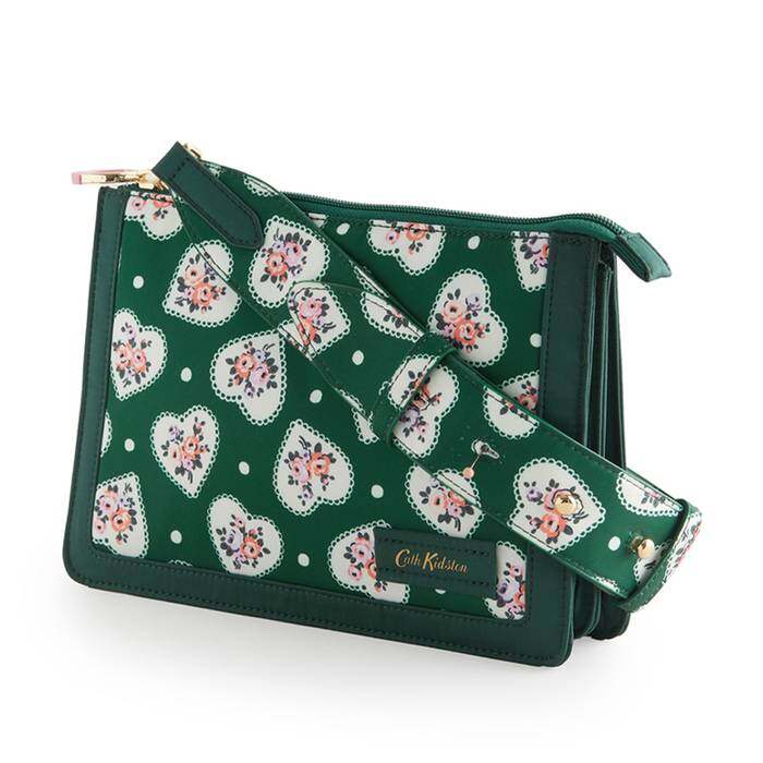 Female Double Pouch Crossbody Lace Hearts Green