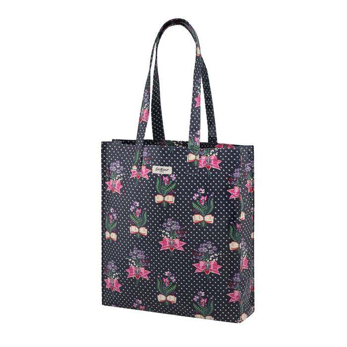 Shiny Bookbag with Gusset Lillies Posey Navy