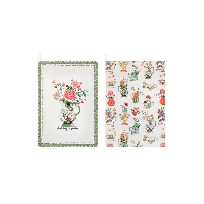 Set of 2 Tea Towels Cups and Vases Cream 1