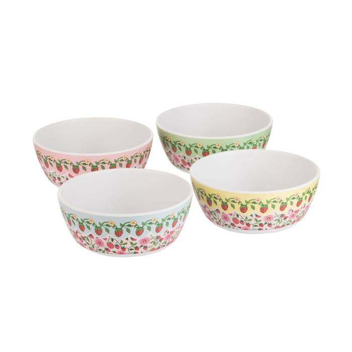 Set 4 MELAMINE PICNIC CEREAL BOWLS STRAWBERRY MULTI