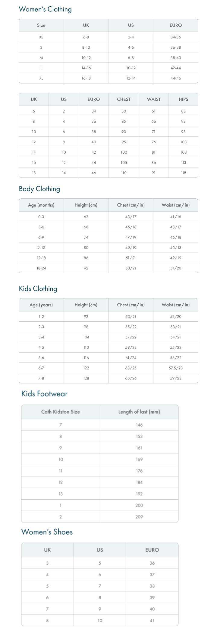 Size Guide - Women's, Kids Bags, Fashion, Gifts | Cath Kidston